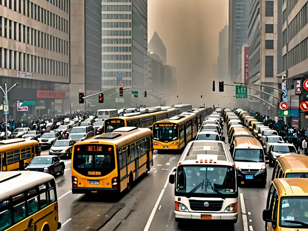 Impacto global: la contaminación emana de autobuses y autos en una calle atestada de personas con máscaras protectoras