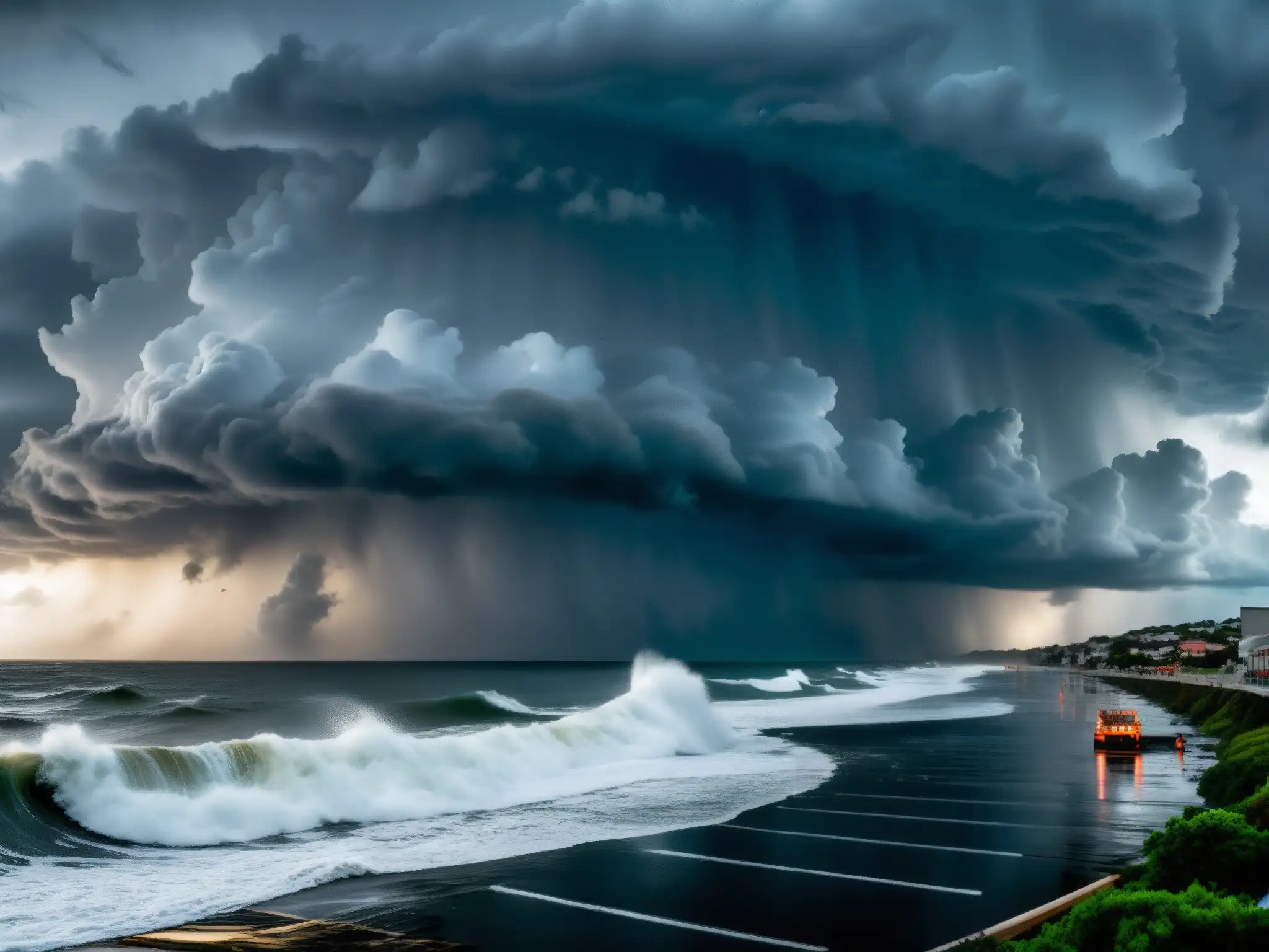 Impacto global del derecho ambiental: Ciudad costera azotada por una severa tormenta, con equipos de emergencia enfrentando la catástrofe