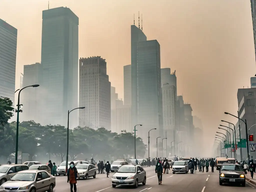 Impacto global de leyes de aire limpio en ciudad con smog, edificios altos y personas con máscaras