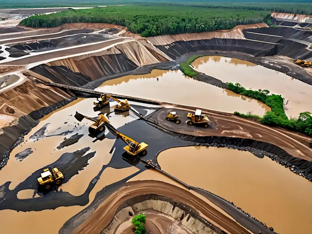 Impacto global de la minería ilegal: paisaje deforestado, agua contaminada y maquinaria pesada operando en minas a cielo abierto