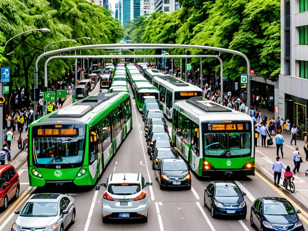 Impacto global: transporte público ecoamigable en una bulliciosa calle de la ciudad, rodeada de vegetación exuberante