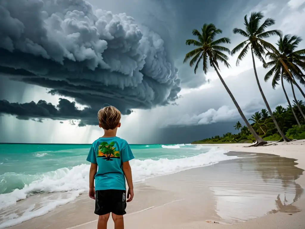 Un niño, Levi Draheim, observa la imponente belleza natural de la playa, con una tormenta en el horizonte