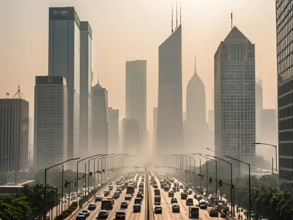 Imponente ciudad urbana con rascacielos y tráfico, envuelta en smog, ilustrando el impacto económico de impuestos al carbono