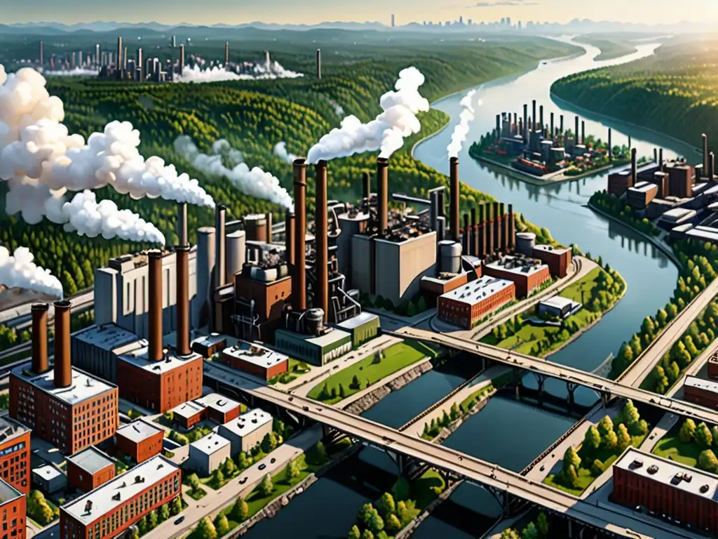 Imponente contraste entre la ciudad industrial y la naturaleza virgen, destacando el impacto global del derecho ambiental