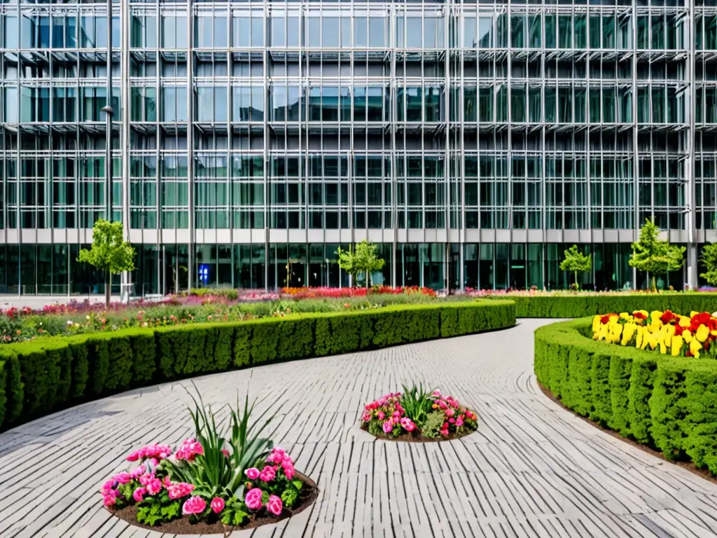 Imponente edificio de la Comisión Europea en Bruselas, rodeado de exuberante vegetación, reflejando su rol en la gobernanza ambiental de la UE