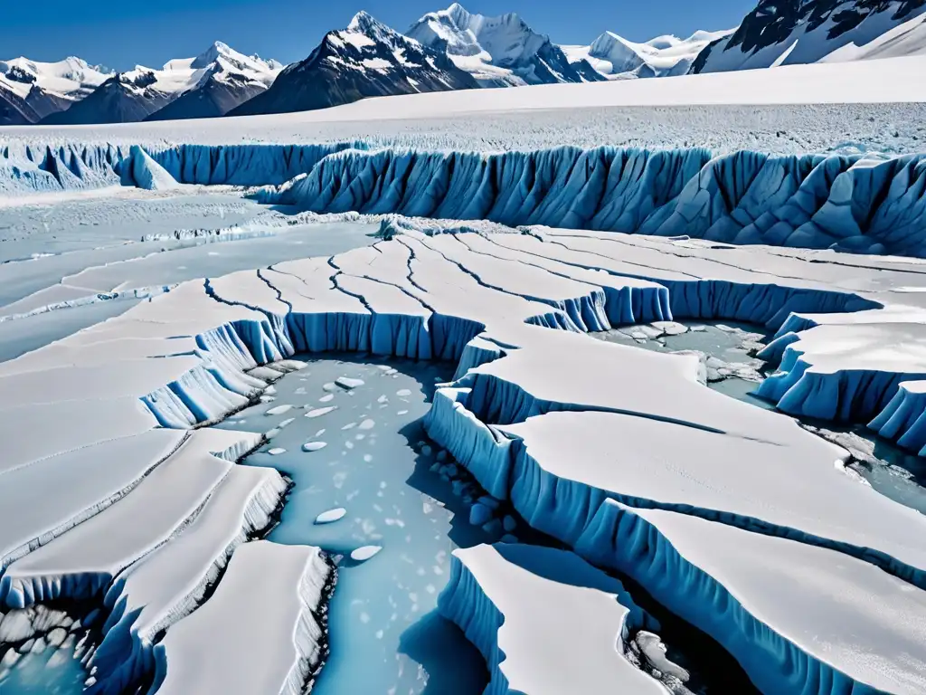 Imponente glaciar derretido con formaciones de hielo azul en un paisaje de montañas nevadas