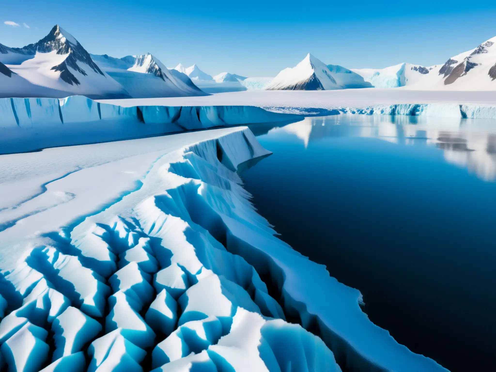 Imponente glaciar derritiéndose con hielo azul vibrante y grietas dramáticas, reflejando el impacto global del derecho ambiental