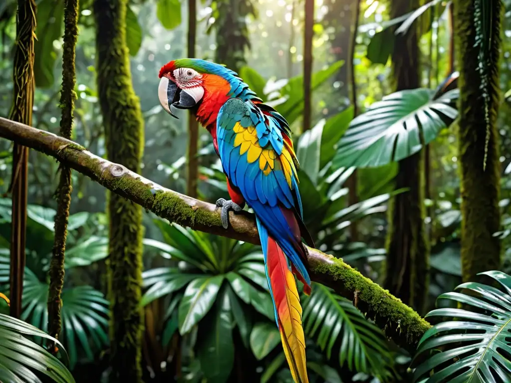 Imponente guacamayo en selva tropical exuberante, simbolizando la regulación adquisición mascotas exóticas