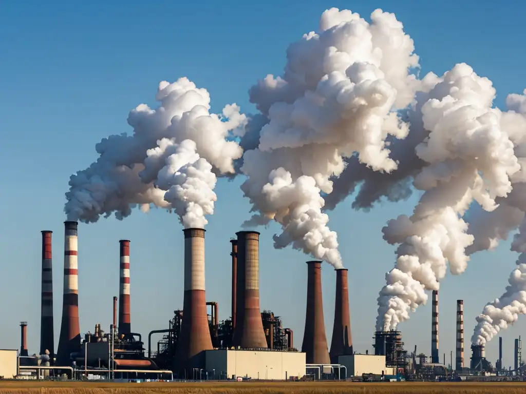 Imponente fábrica industrial con humeantes chimeneas contra un cielo azul, resaltando consecuencias de sanciones por incumplimientos en industria