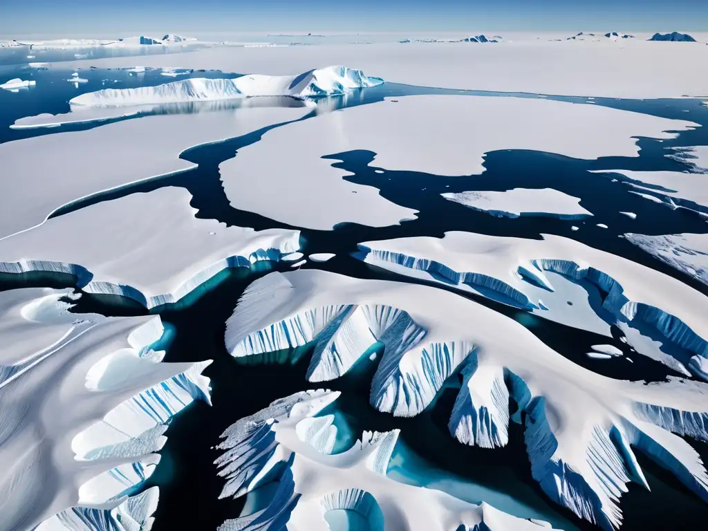 Imponente paisaje antártico de hielo y glaciares, destacando la protección ambiental en el Tratado Antártico