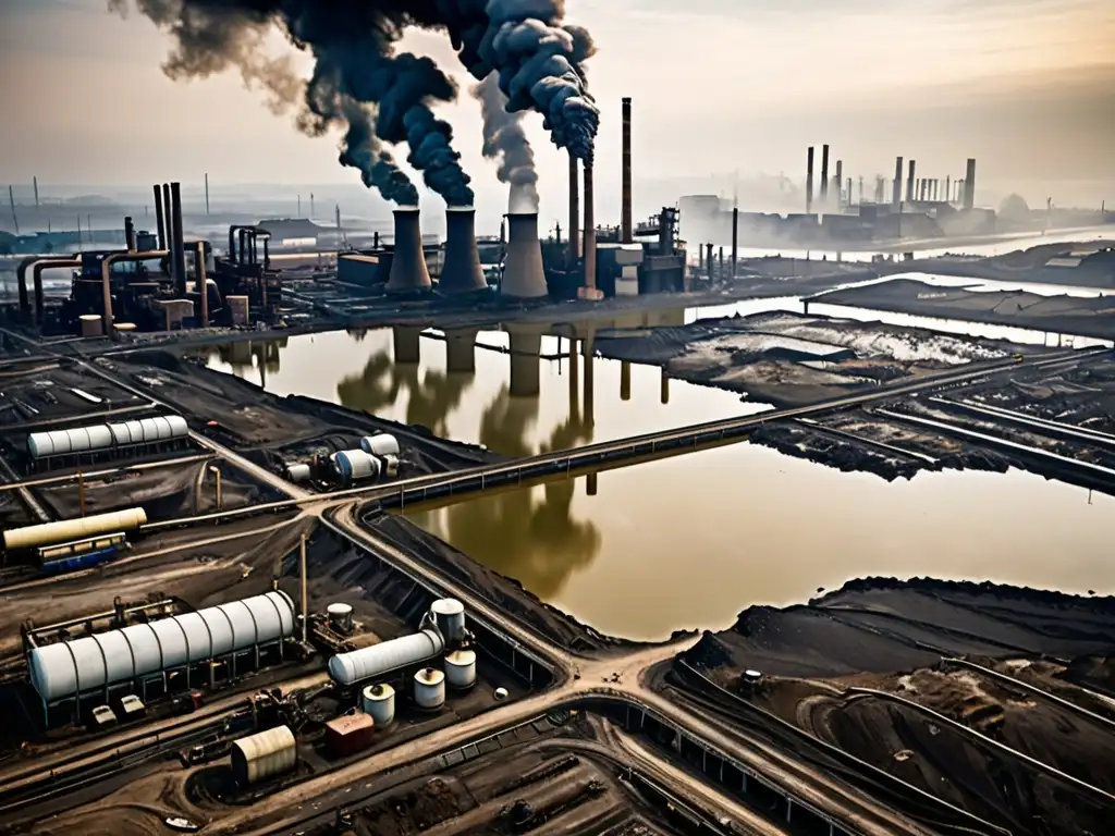 Imponente paisaje industrial contaminado, con smog espeso y desechos tóxicos