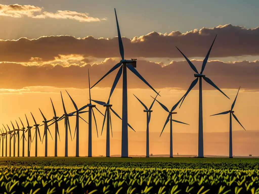 Imponente parque eólico al atardecer, con molinos de viento y paneles solares, destaca la importancia de los subsidios energía limpia