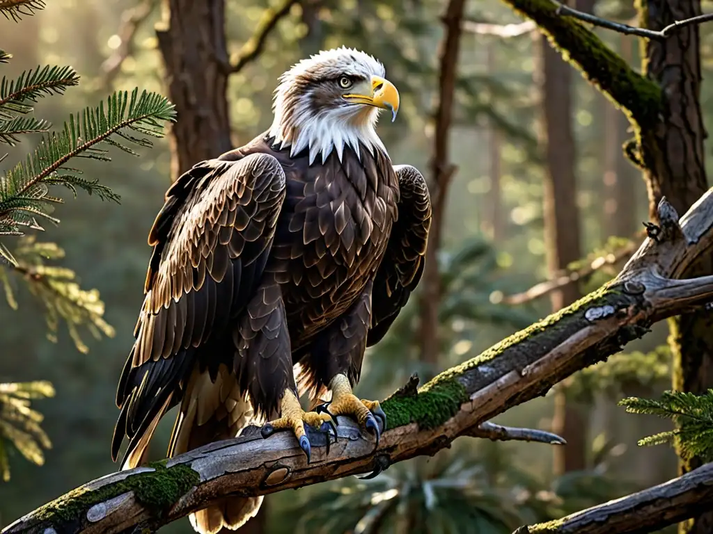 Imponente águila posada en rama desafío leyes caza protección especies, detalle plumaje y mirada feroz, entorno boscoso