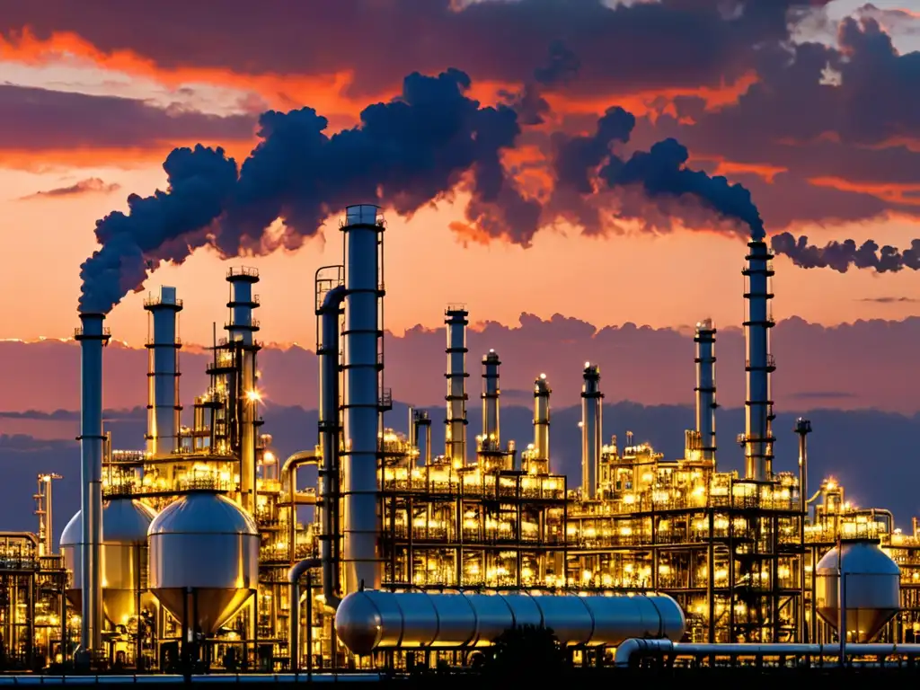 Imponente refinería industrial al atardecer, con nubes de vapor y humo iluminadas por el sol poniente