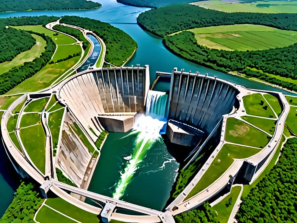 Una imponente represa hidroeléctrica en medio de un río, contrastando con la belleza natural