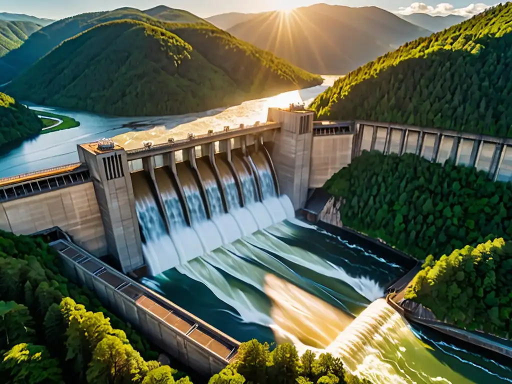 Imponente represa hidroeléctrica en armonía con la naturaleza, rodeada de bosques y montañas