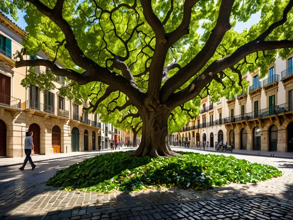 Imponente roble urbano en una ciudad española, reflejo de la legalidad en normativas de arborización urbana