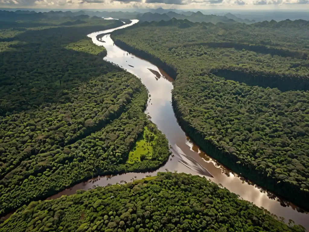 Imponente selva verde con río serpenteante; contraste de industrias y naturaleza evoca el impacto en derechos territoriales