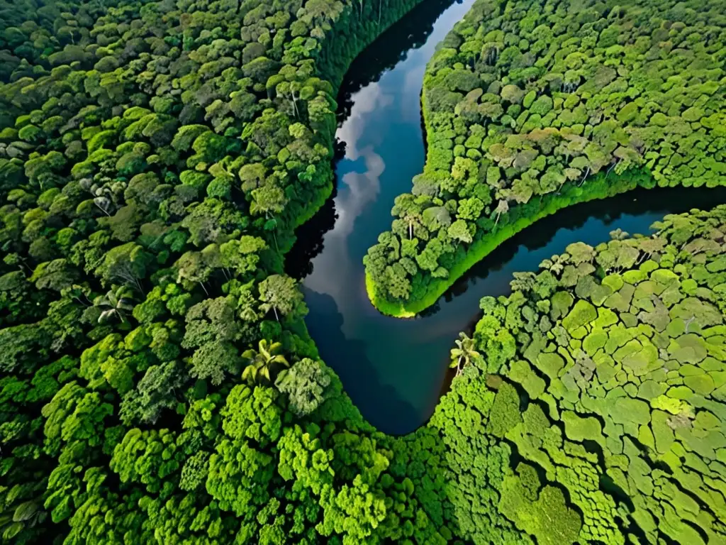 Imponente selva verde con río serpenteante, refleja la importancia del impacto global y el derecho ambiental