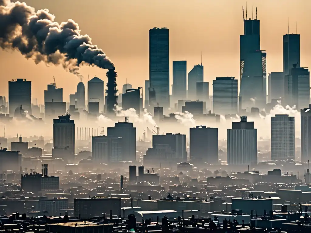 Imponente skyline urbano con contaminación visible, mostrando el impacto global de la legislación sobre la calidad del aire