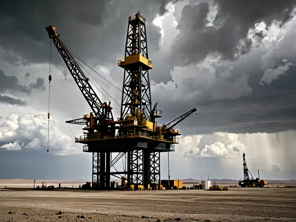 Imponente torre petrolera en paisaje desolado destaca la compleja relación entre legislación ambiental y explotación petrolera en América