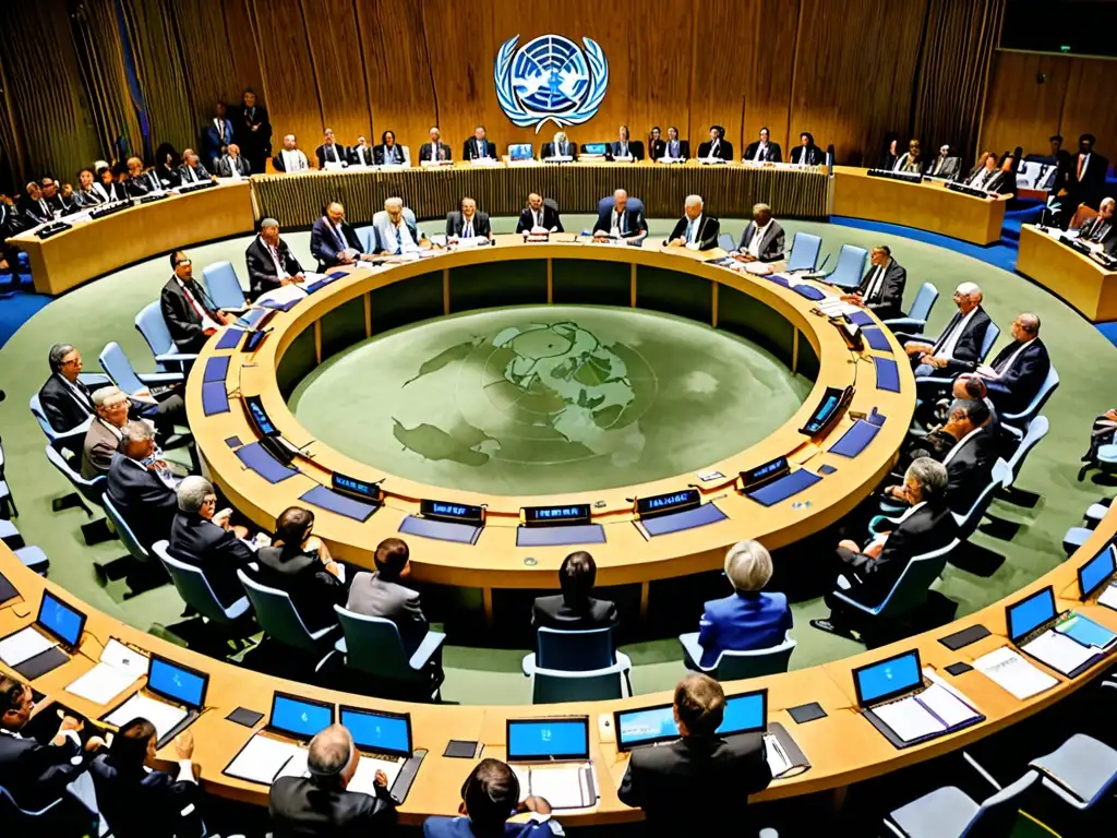 Importancia del derecho internacional ambiental: Imagen de conferencia de la ONU sobre cambio climático con líderes mundiales y delegados en discusión seria, rodeados de banderas de varios países