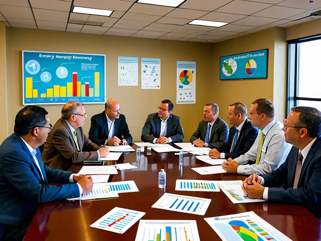 Importancia de los gobiernos locales en la energía sostenible: Reunión de expertos y funcionarios discutiendo ideas en una sala llena de luz natural y determinación