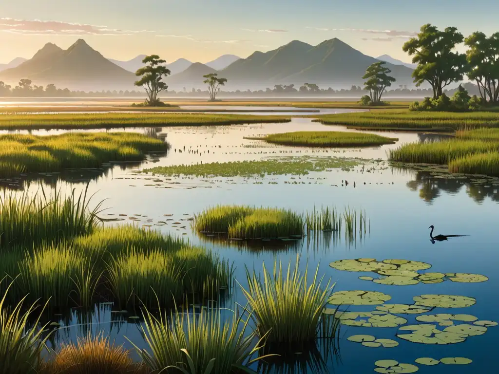 Importancia de la protección de los humedales en América: paisaje majestuoso de exuberante vegetación y aves, bañado por suave luz matutina