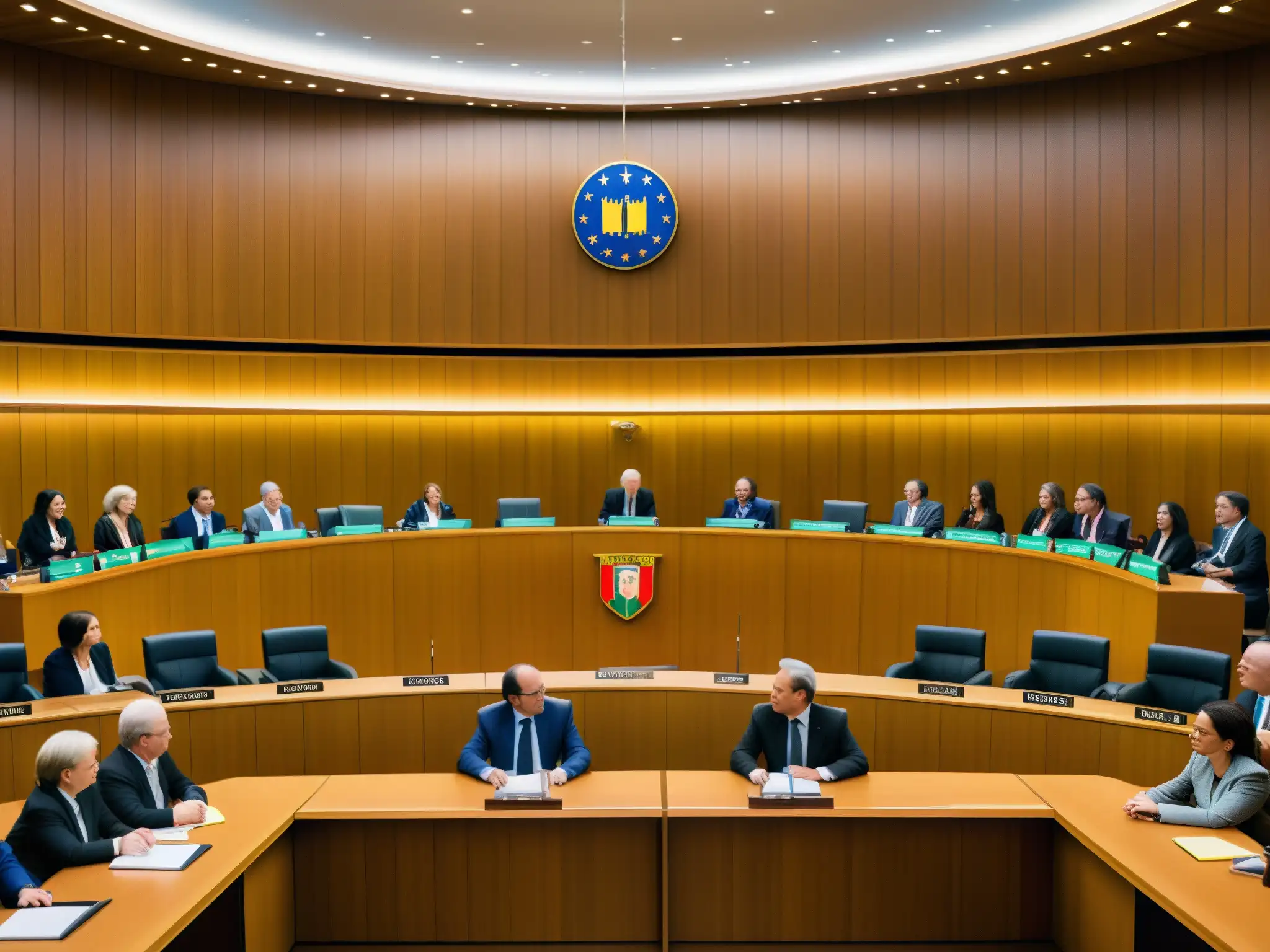 Importancia de la justicia ambiental: Panorámica de una sala de tribunal europea llena de luz natural, con jueces y abogados debatiendo sobre leyes ambientales