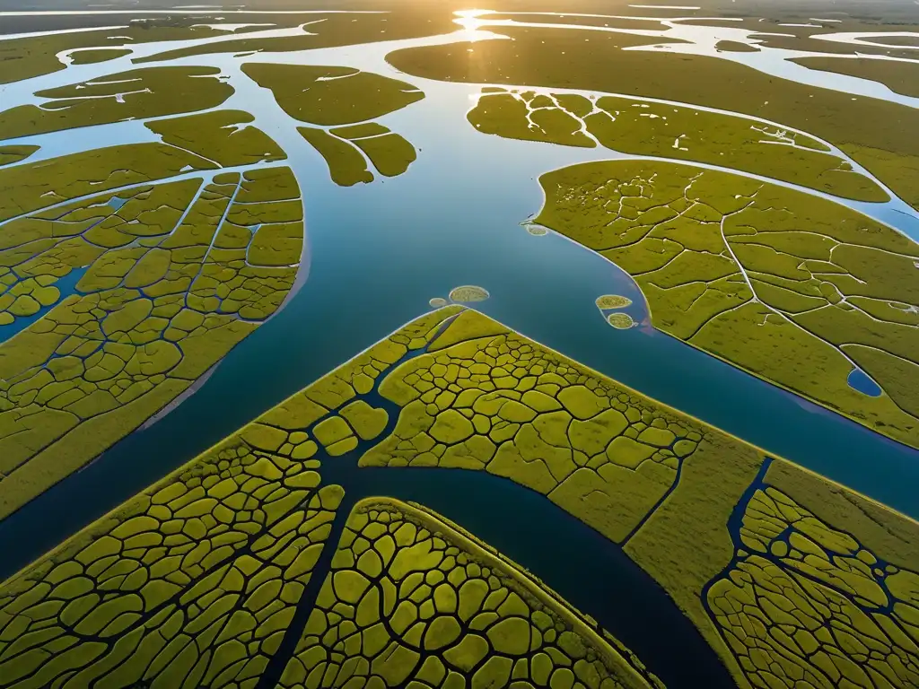 Una impresionante fotografía aérea de alta resolución captura la vasta extensión de un exuberante humedal rebosante de flora y fauna diversa