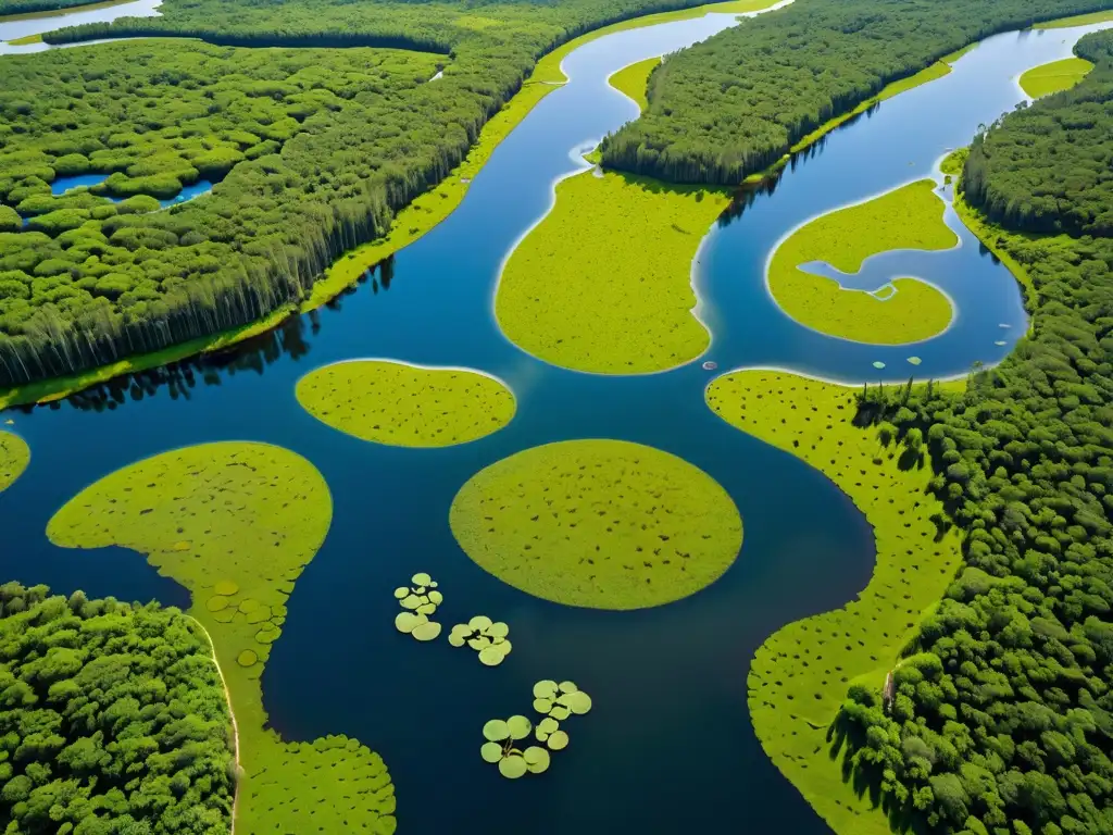 Una impresionante fotografía aérea de un exuberante humedal rodeado de densos bosques y relucientes vías fluviales