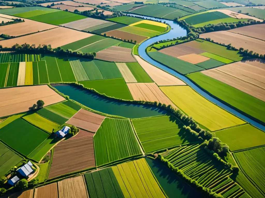 Una impresionante fotografía aérea de un paisaje agrícola rural, resaltando la agricultura resiliente frente al cambio climático