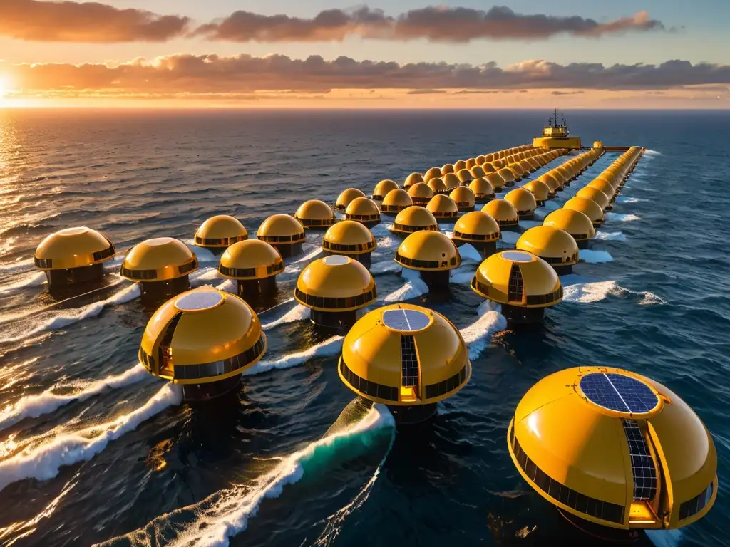 Impresionante array de convertidores de energía de olas en el mar al atardecer, con la legislación de aprovechamiento energía mar