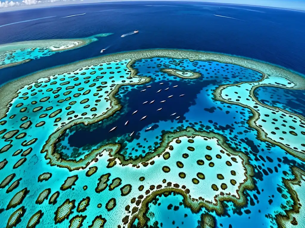 Un impresionante arrecife de coral con vida marina vibrante, bañado por la luz solar en un océano azul