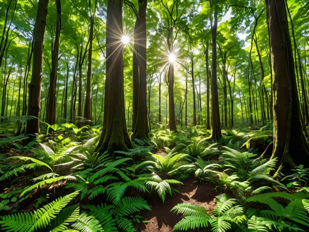 Un impresionante bosque biodiverso con árboles imponentes, exuberante follaje y vida silvestre