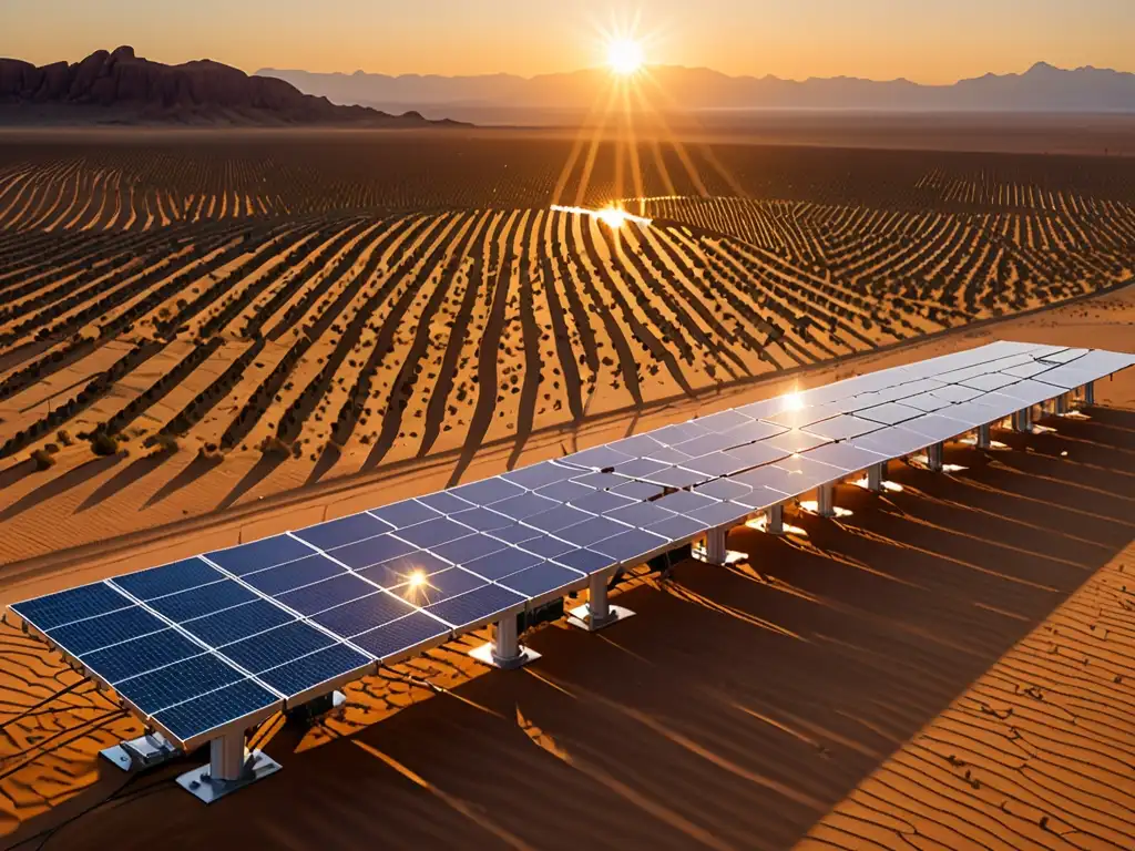 Un impresionante campo de paneles solares en un vasto desierto al atardecer, reflejando avances tecnológicos energía solar