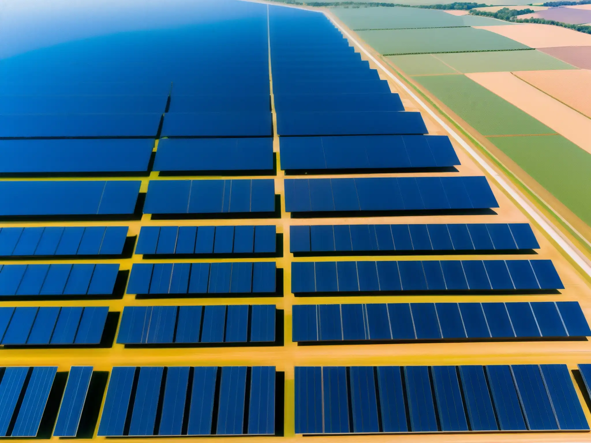 Un impresionante campo de paneles solares se extiende hacia el horizonte bajo un cielo azul claro