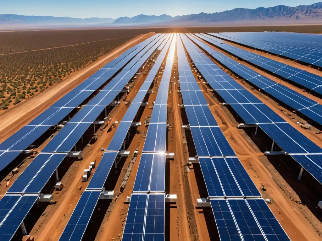 Una impresionante fotografía de un campo de paneles solares bajo un cielo azul claro