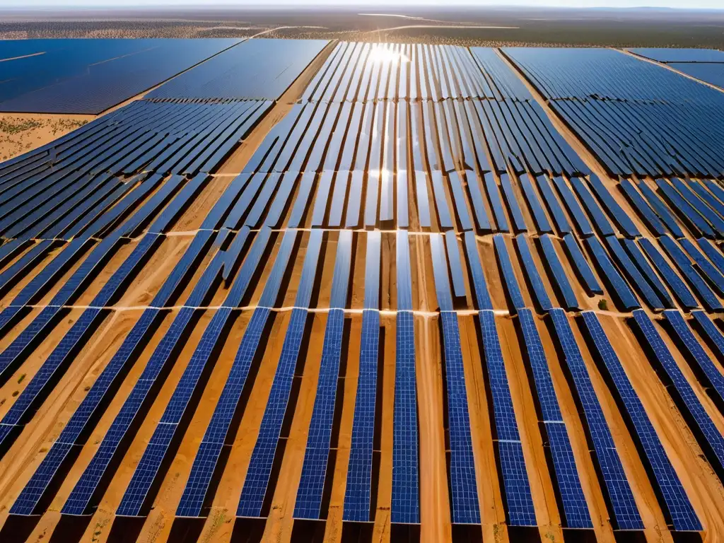 Un impresionante campo solar en el desierto con paneles solares formando un patrón geométrico