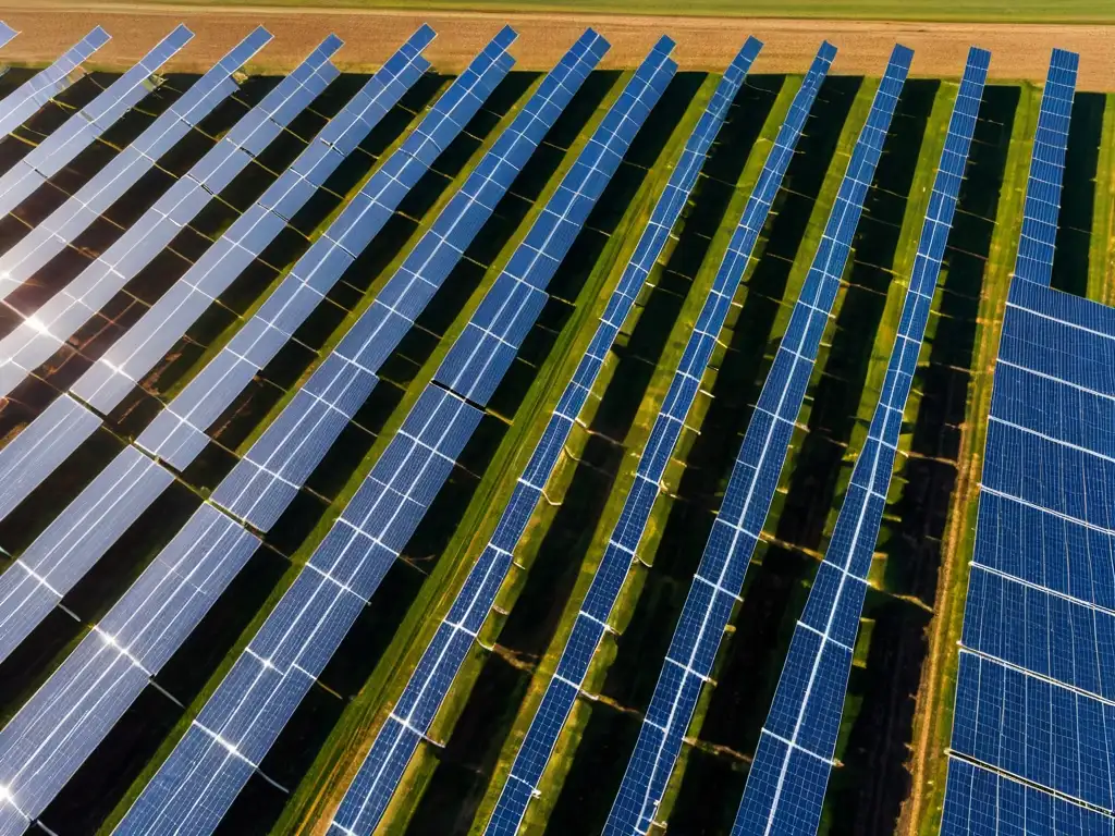 Un impresionante campo solar con paneles relucientes, creando un efecto visual hipnótico