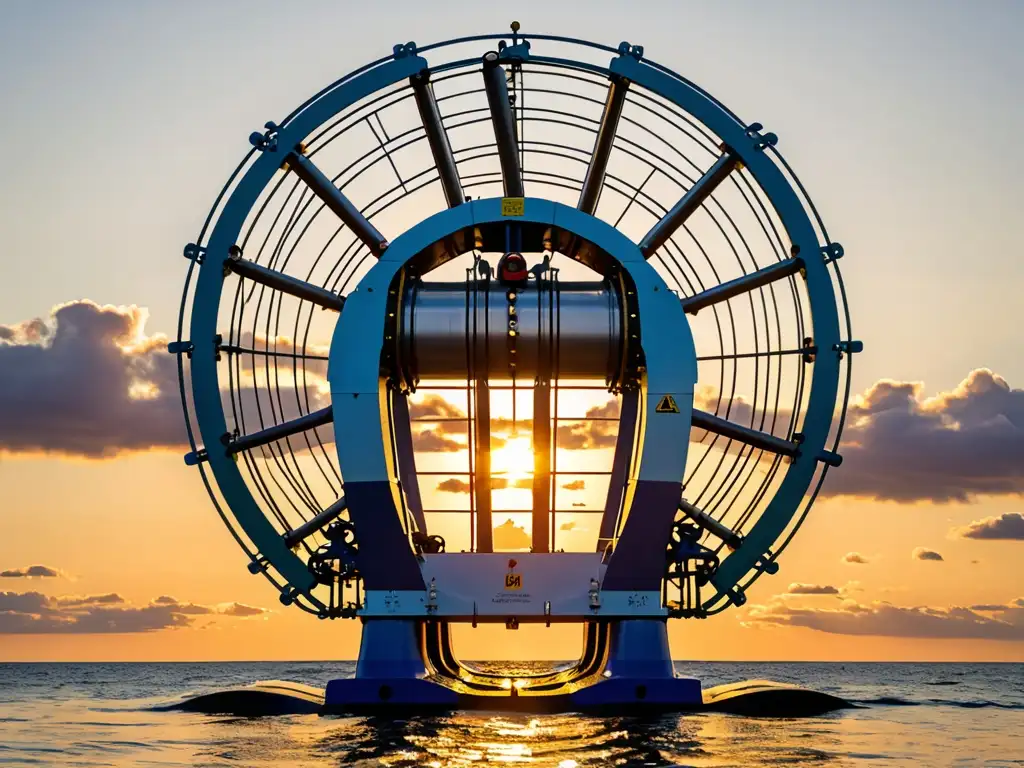 Un impresionante convertidor de energía de olas instalado en el mar, con el sol poniéndose en el fondo