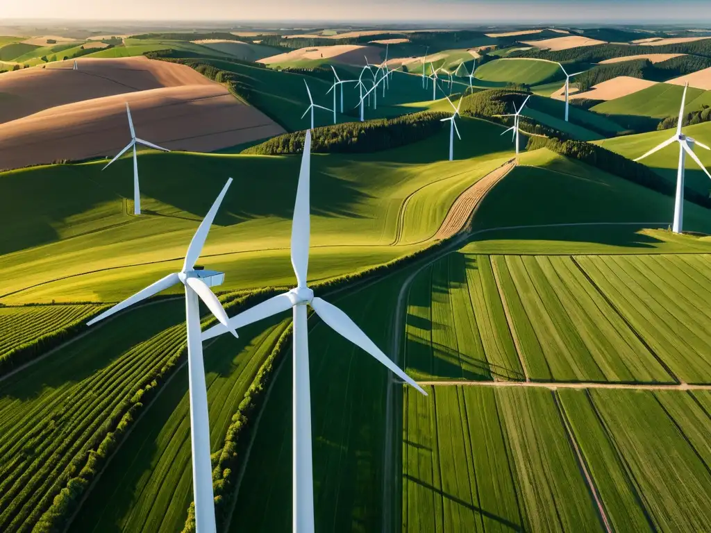 Una impresionante fotografía en 8k detalla un extenso parque eólico capturando la energía del viento, con un paisaje natural de fondo