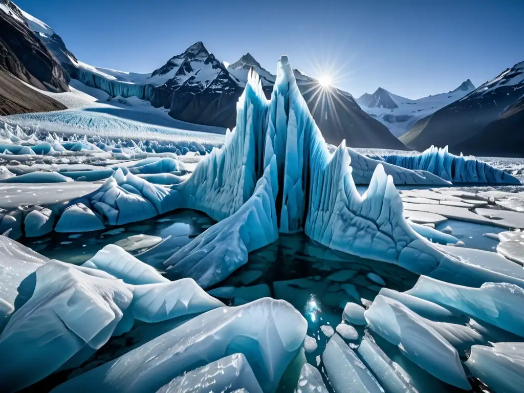 Impresionante glaciar derretido, con detalles cristalinos y una red de grietas