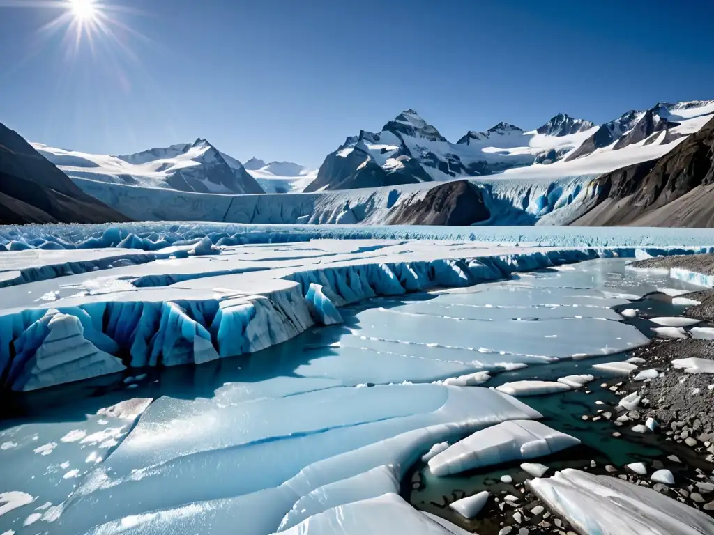 Una impresionante fotografía de un glaciar derritiéndose, con hielo azul vibrante y detalles de las grietas