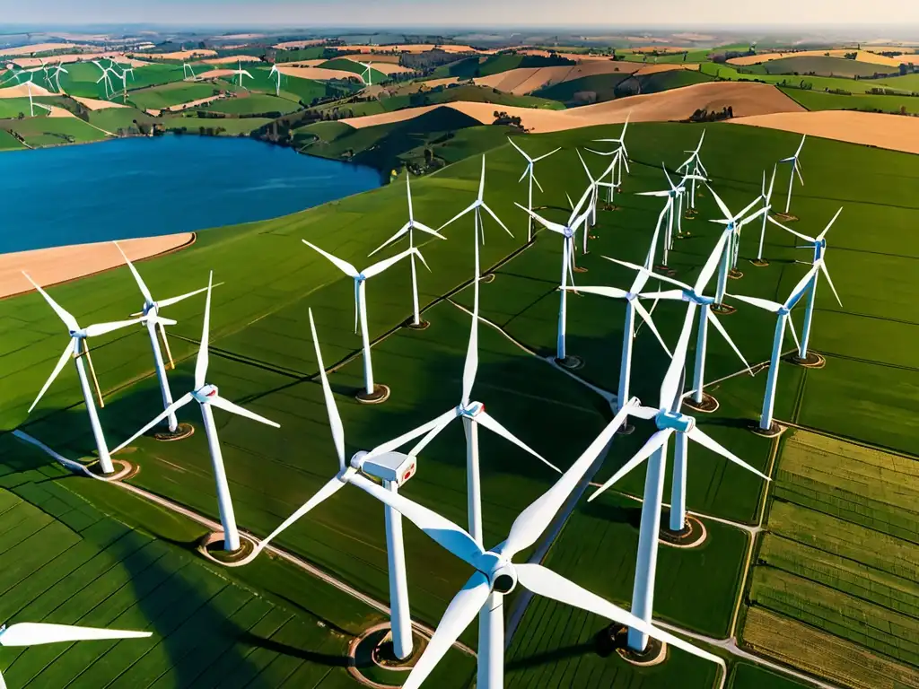 Una impresionante granja eólica se extiende por colinas, con turbinas blancas capturando la energía del viento