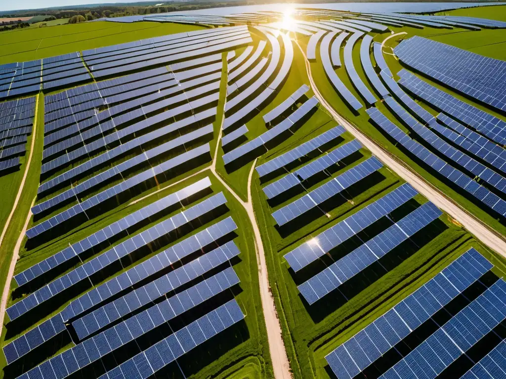 Una impresionante granja de paneles solares integrados en el paisaje, reflejando la luz del sol