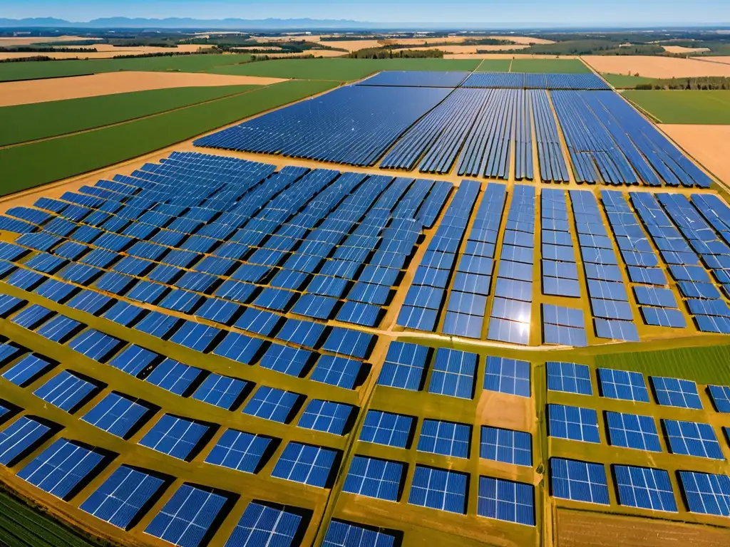 Una impresionante granja solar bajo un cielo azul claro, con paneles relucientes creando un patrón geométrico