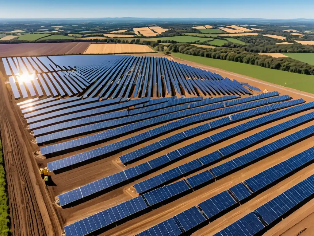 Una impresionante granja solar con paneles relucientes bajo un cielo azul