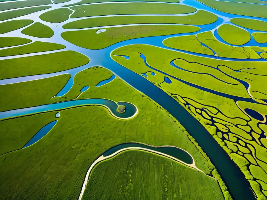 Una impresionante imagen aérea muestra un extenso humedal con ríos serpenteantes y exuberante vegetación