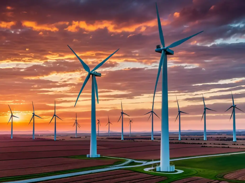 Una impresionante imagen de una granja eólica al atardecer, con turbinas destacando su diseño y la armonía entre tecnología eólica y el medio ambiente